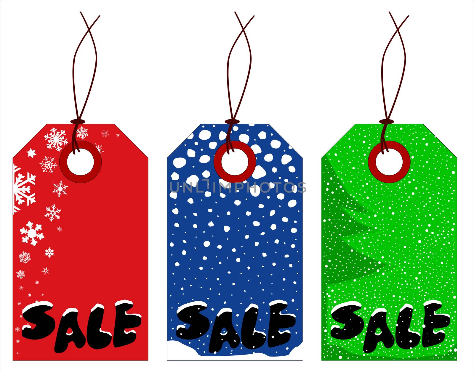 A collection of three Christmas tags in different colors with origibal vector text.