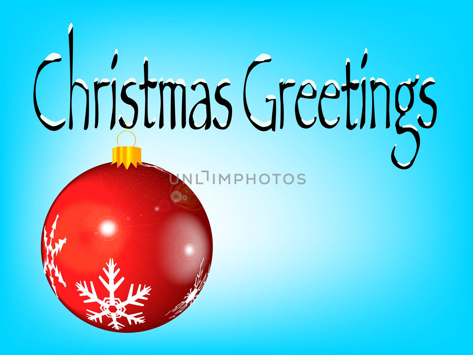 A Christmas card with original snow covered text and featuring a glossy Christmas decoration with snowflake patterns and an easily removed blue background.