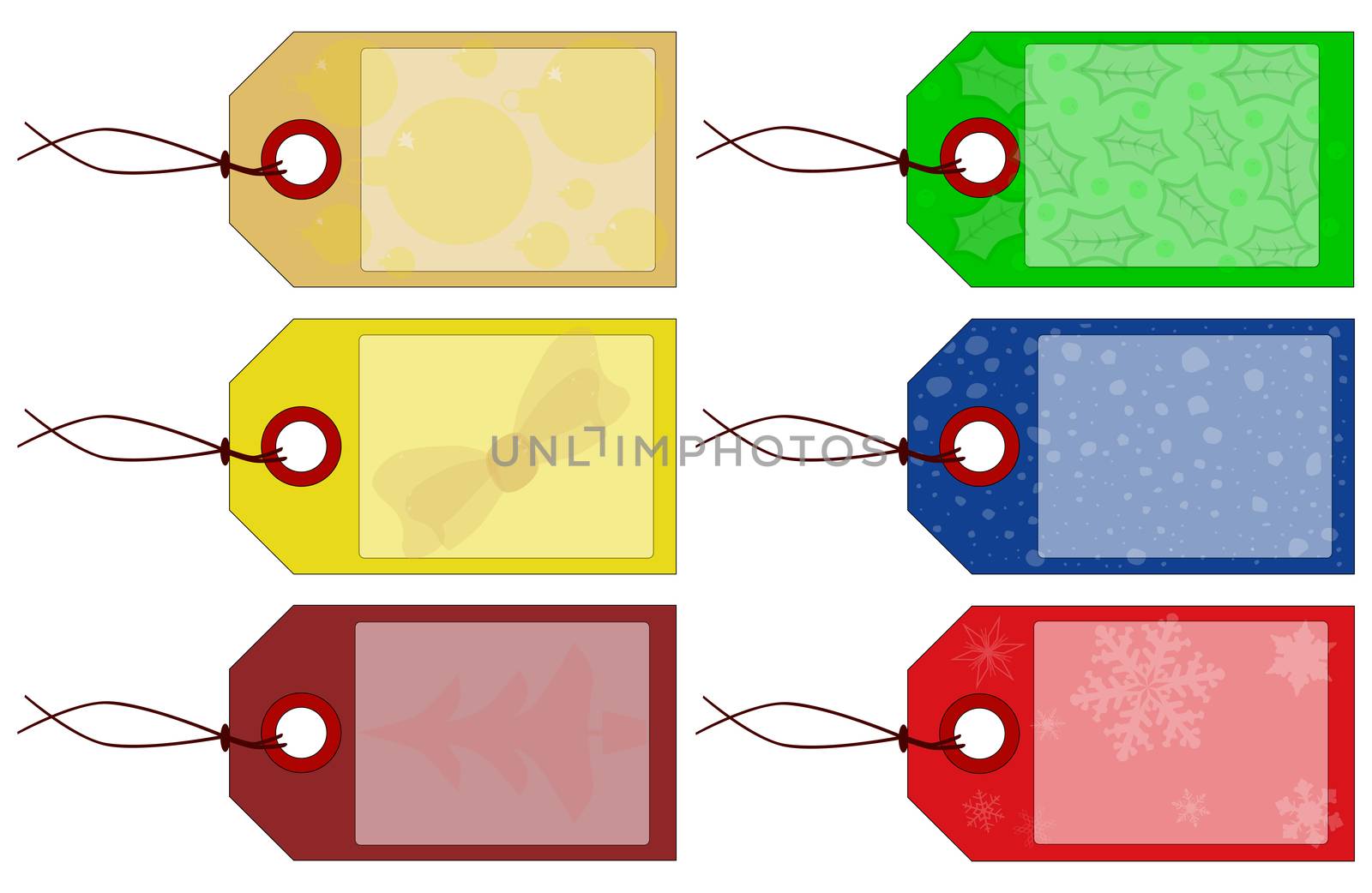 A collection of six Christmas tags in different colors with background patterns.