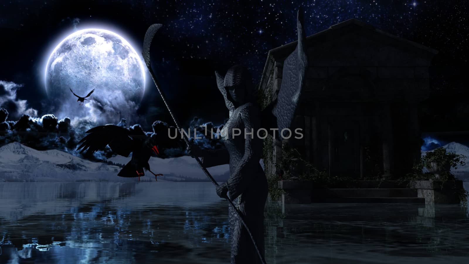 Angel of Death - Spooky Night background with moon by ankarb