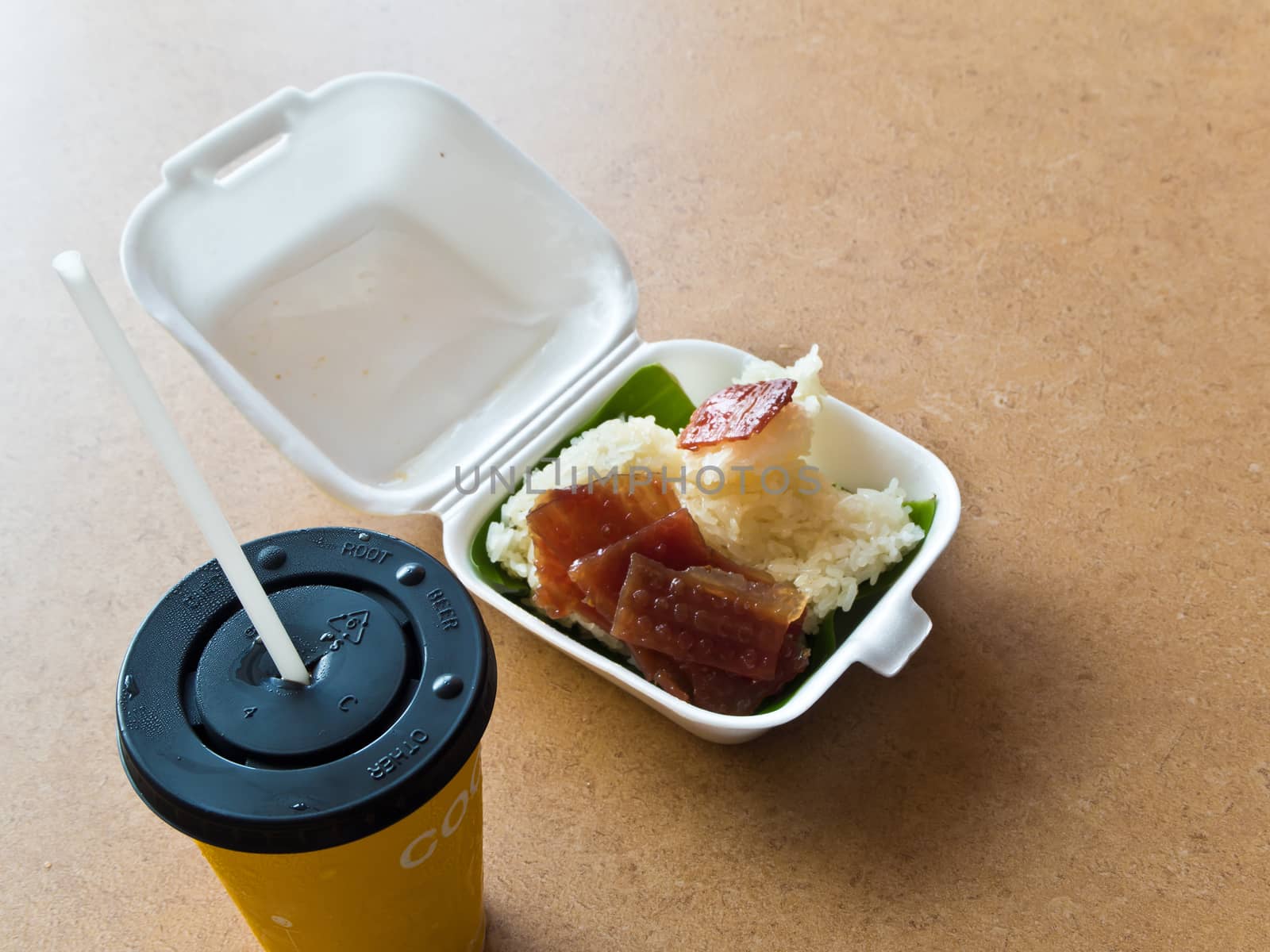 Sticky rice and Roast pork in foam box