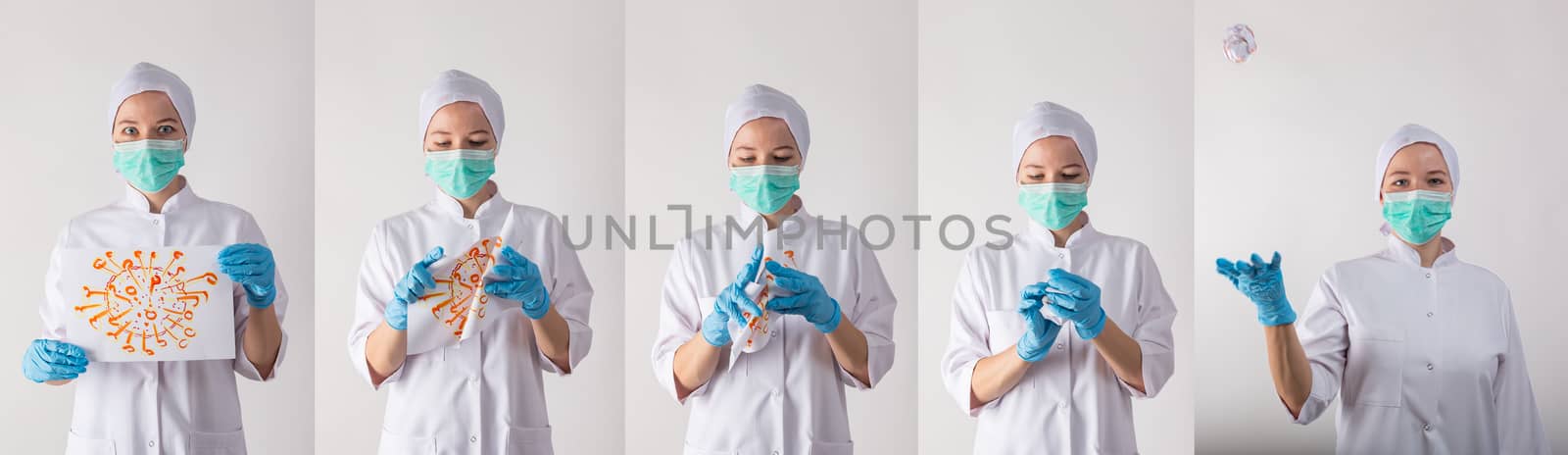 Girl doctor in a mask holds a tablet in his hands - with coronavirus