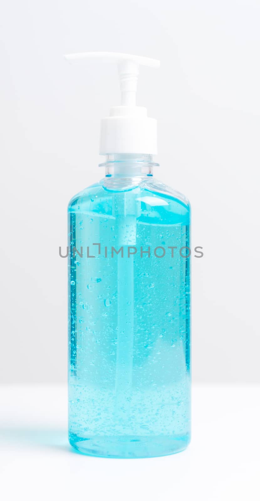 Plastic dispenser sanitizer alcohol gel pump bottle for washing hand hygiene prevention of coronavirus virus studio shot on white background