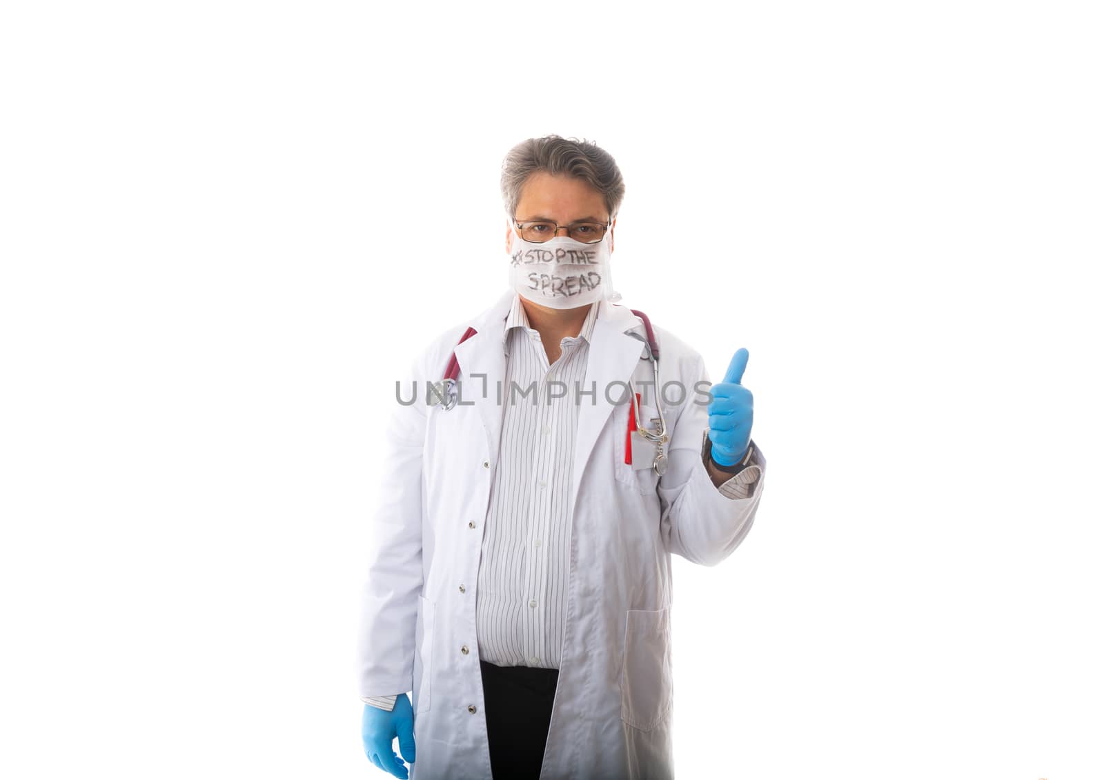 Doctor with thumbs up hand sign during virus diseases pandemic like Coronavirus by lovleah