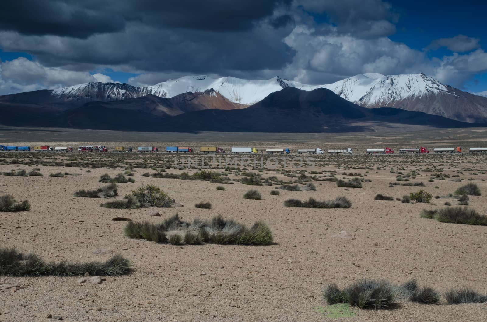 Retention trucks because of road works in Lauca National Park. by VictorSuarez