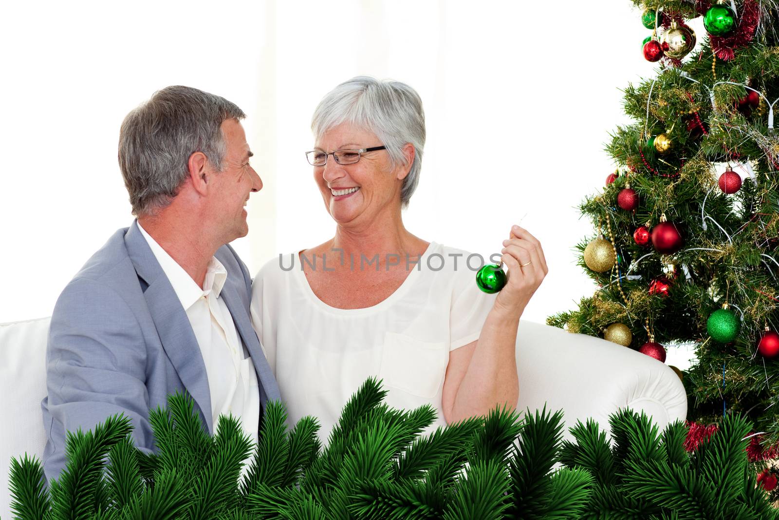 Mature couple sitting on sofa with a christmas tree by Wavebreakmedia