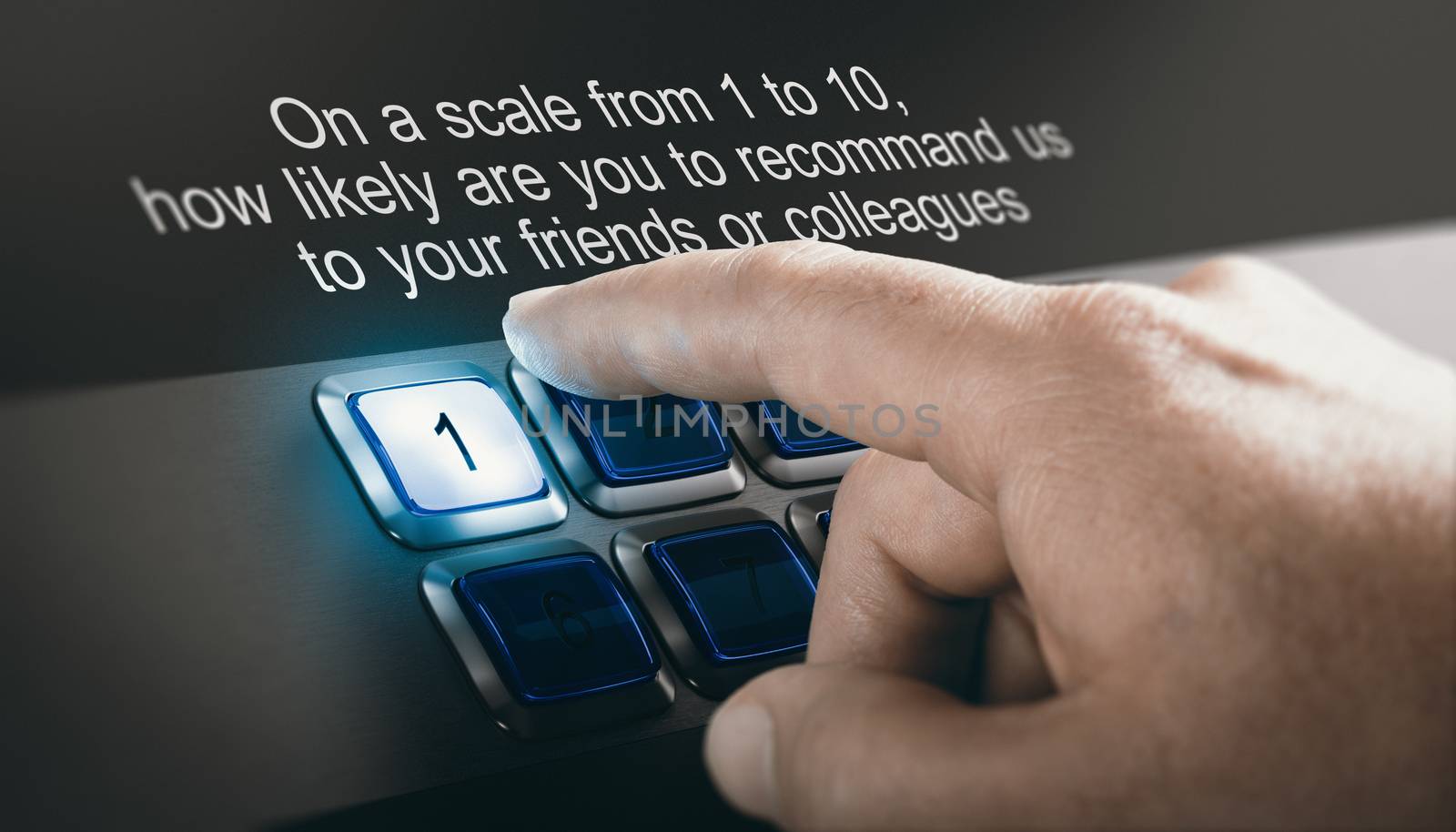 Man pressing number 1 button to express dissatisfaction with the product or service he used. Dissatisfied consumer concept. Composite image between a hand photography and a 3D background.