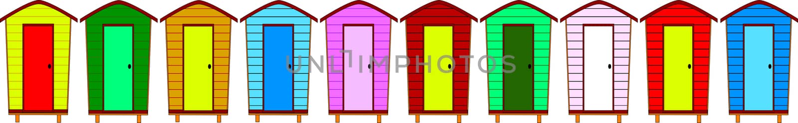 Ten beach huts, no gradients, with copy space and separately grouped.