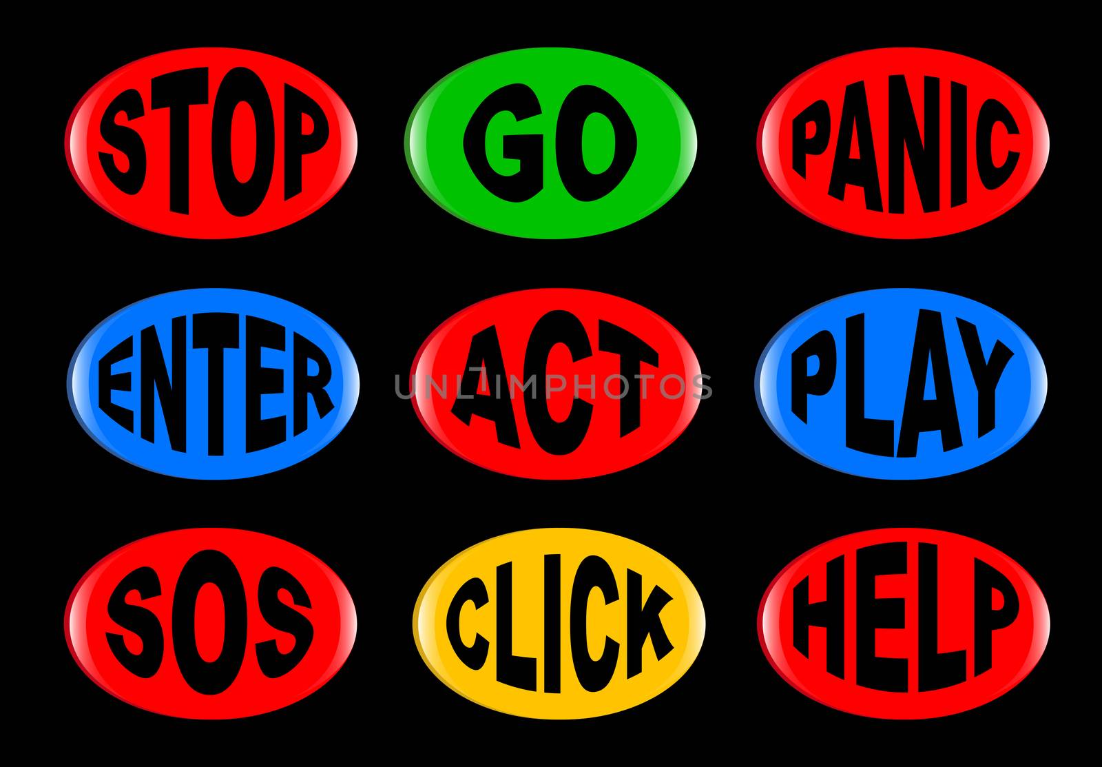 A collection of 3D buttons with various text instructions. Easy color change and resize.