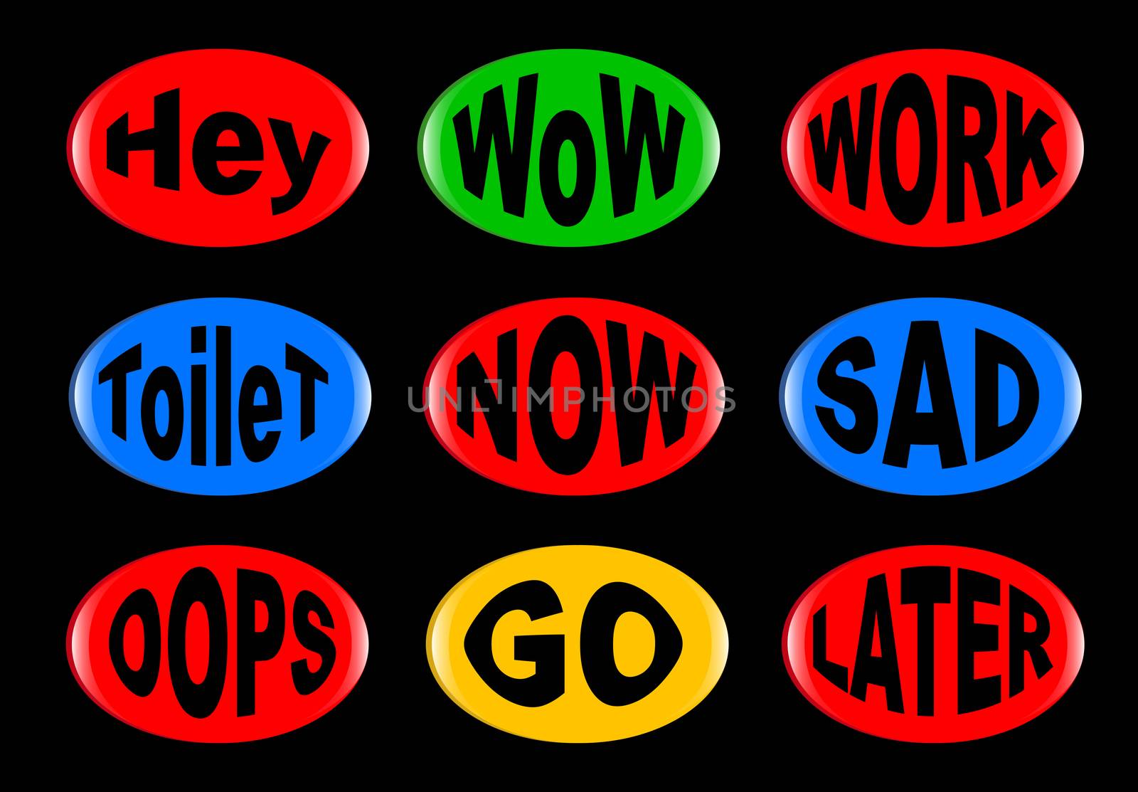 A collection of funny 3D buttons with various text instructions. Easy color change and resize.