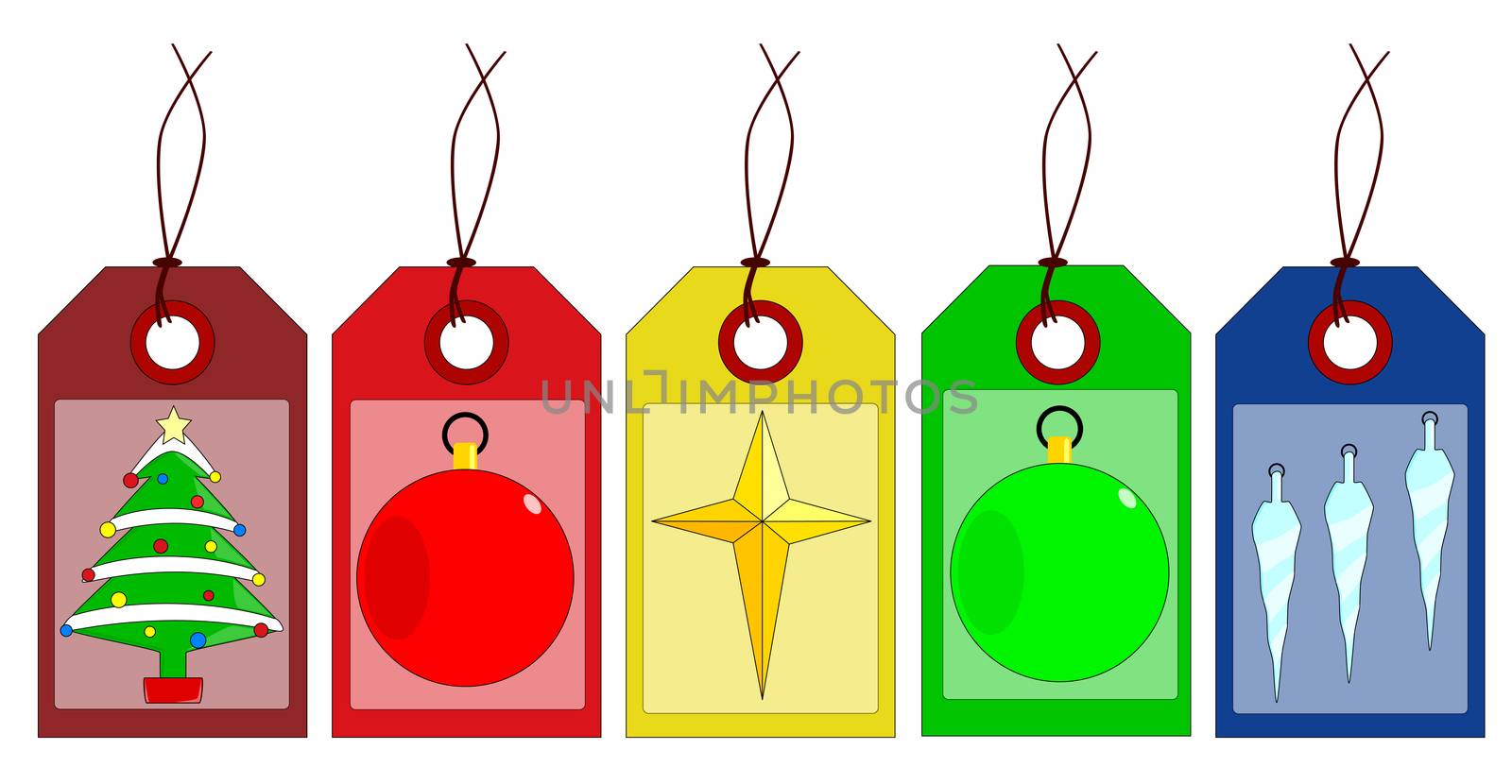 A collection of six Christmas tags in different colors with background patterns.