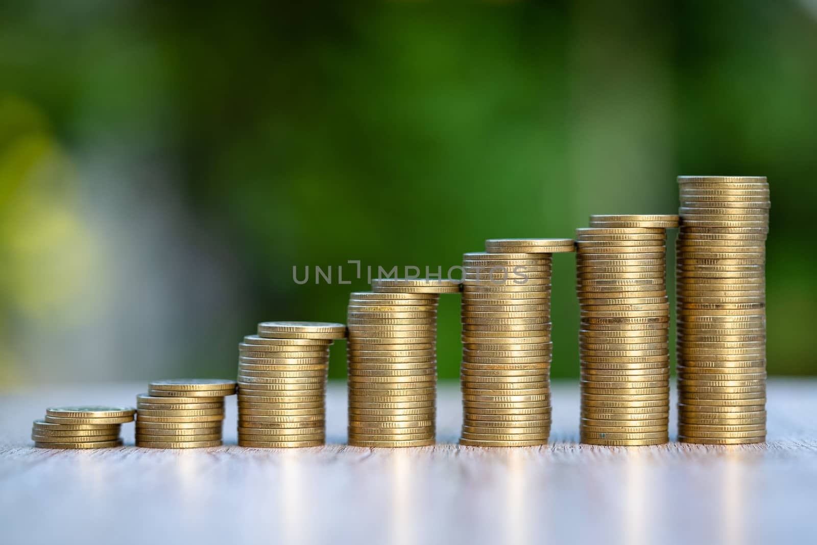 Stack coins from low to high nature background. Business investment concept. Business growth. Investment risk, saving money. Real Estate. Saving for the family in the future.