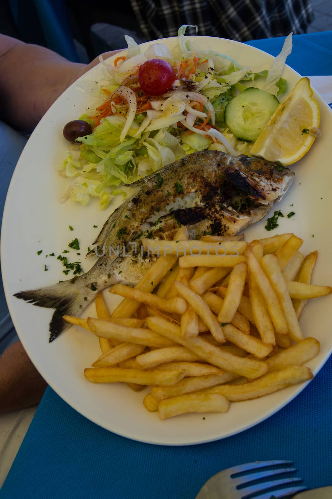 Fried fish with fries and small vegetables on a white plate in Malta