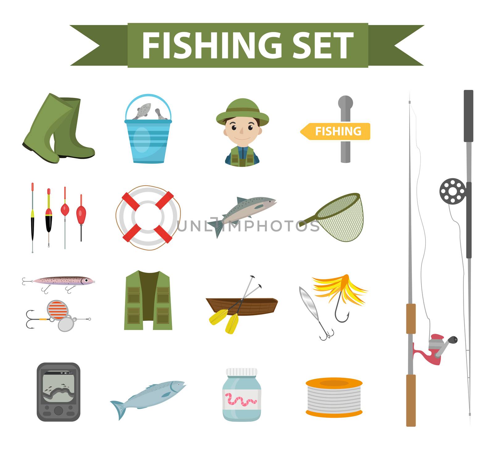 Fishing icon set, flat, cartoon style. Fishery collection objects, design elements, isolated on white background. Fisherman s tools with a fishing rod, tackle, bait, boat. ilustration, clip-art