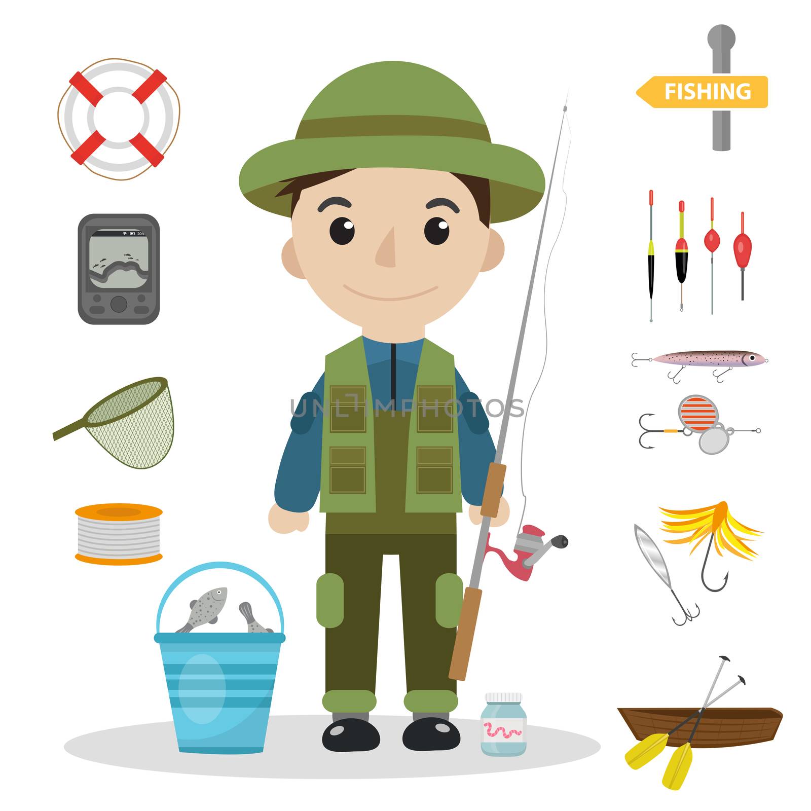 Fishing icon set, flat, cartoon style. Fishery collection objects, design elements, isolated on white background. Fisherman s tools with a fishing rod, tackle, bait, boat. ilustration by lucia_fox