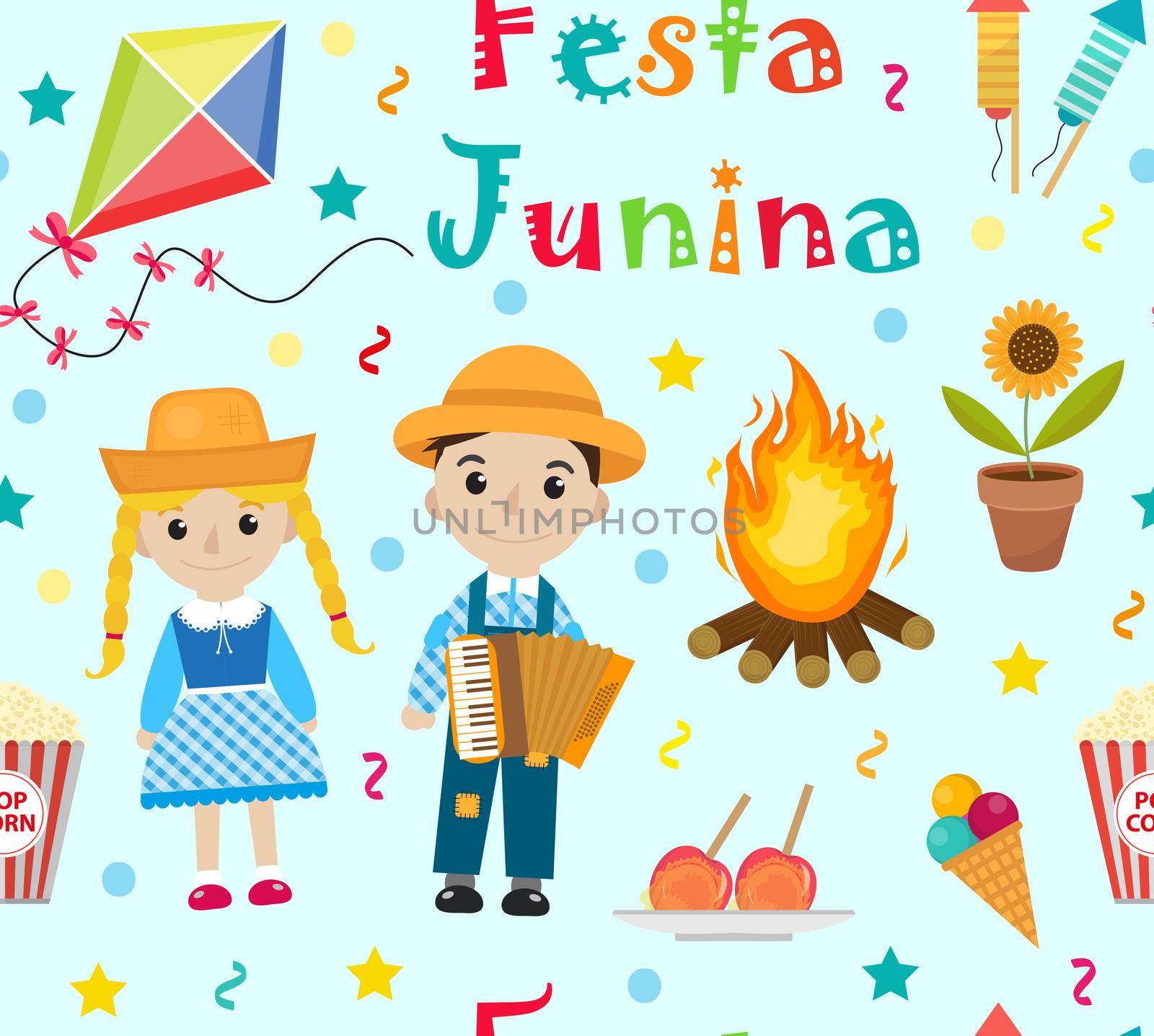 Festa Junina seamless pattern. Brazilian Latin American festival endless background. Repeating texture with traditional symbols. illustration