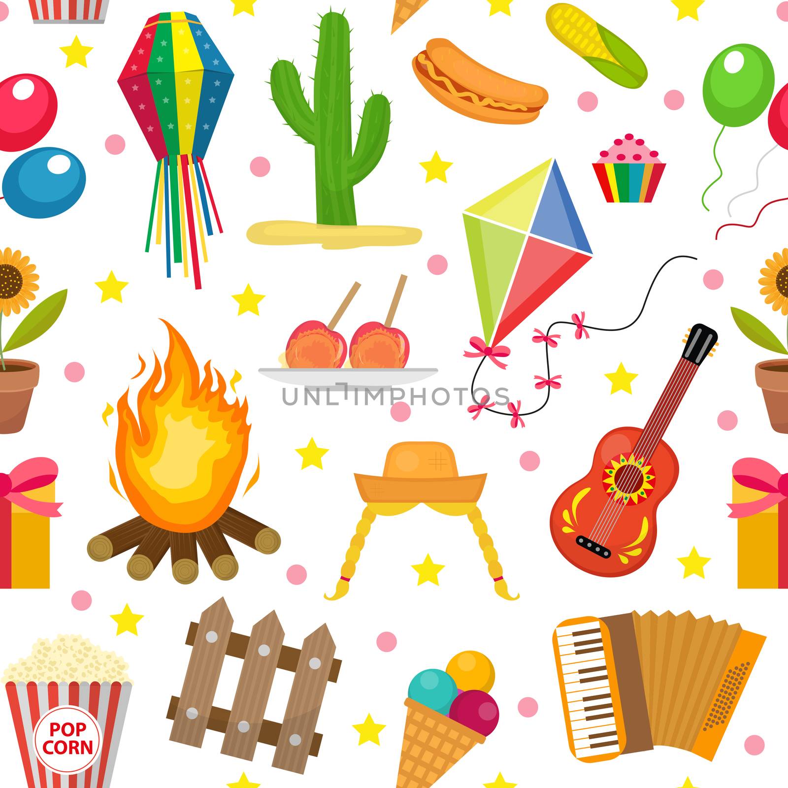 Festa Junina seamless pattern. Brazilian Latin American festival endless background. Repeating texture with traditional symbols. illustration