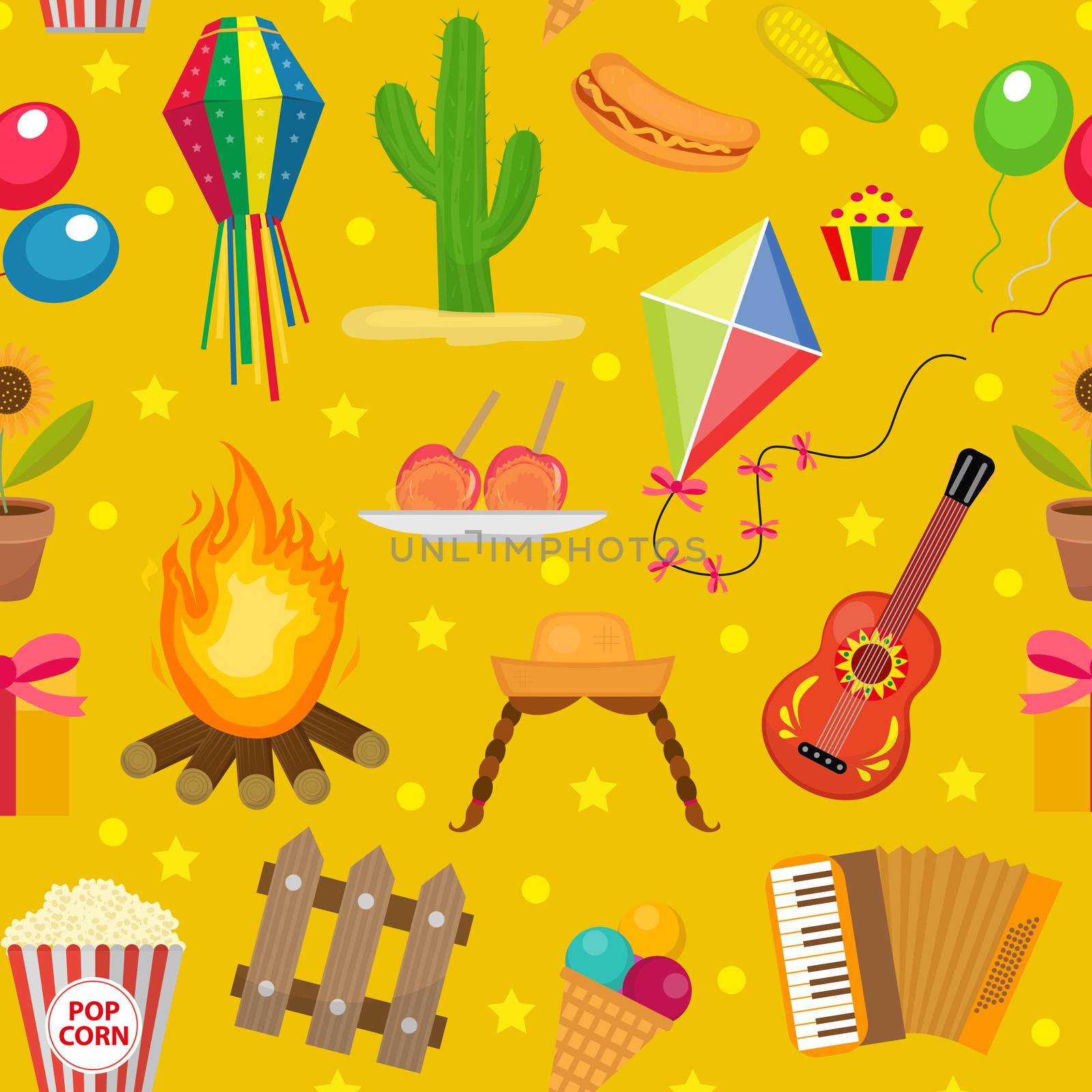 Festa Junina seamless pattern. Brazilian Latin American festival endless background. Repeating texture with traditional symbols. illustration