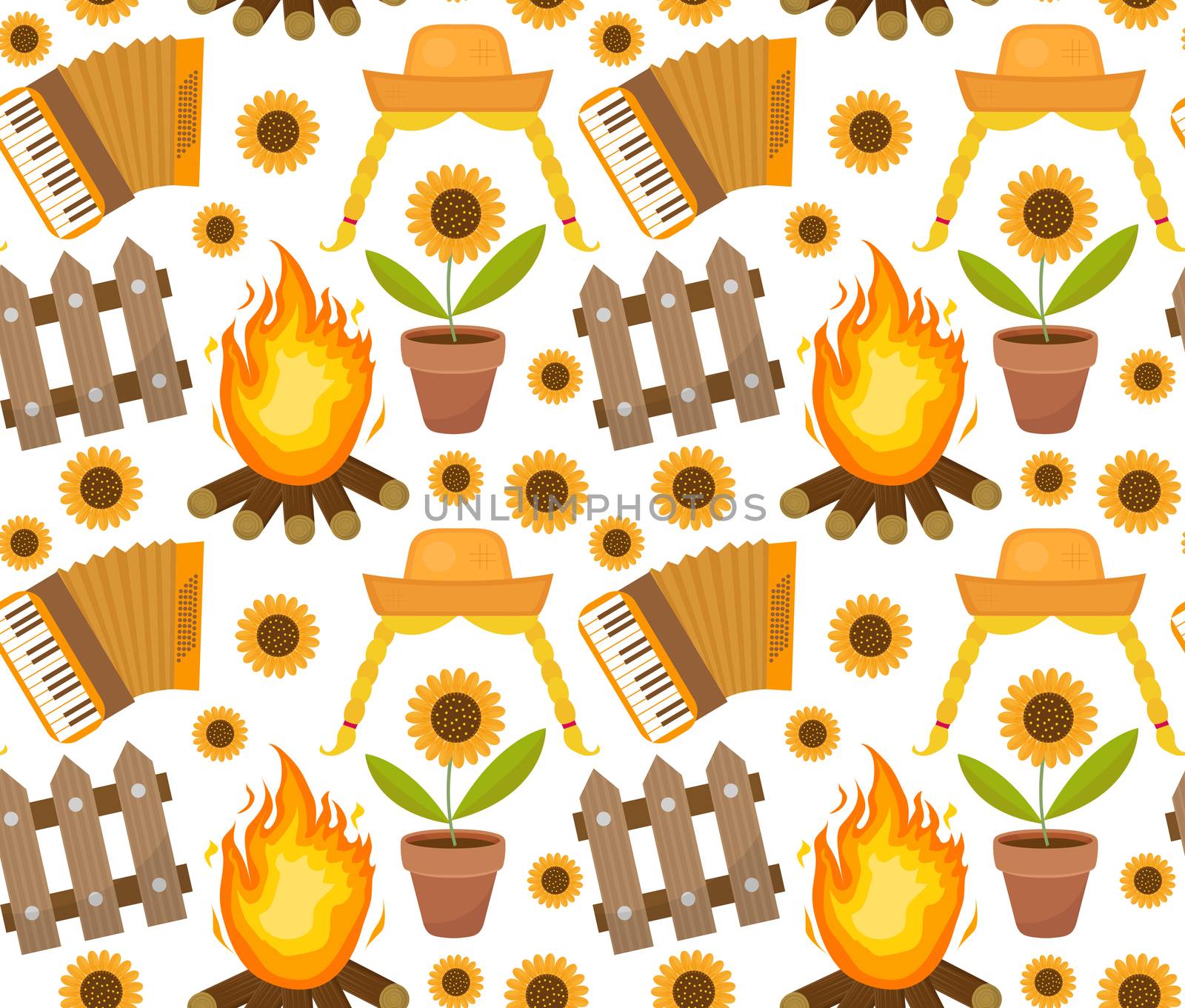 Festa Junina seamless pattern. Brazilian Latin American festival endless background. Repeating texture with traditional symbols. illustration