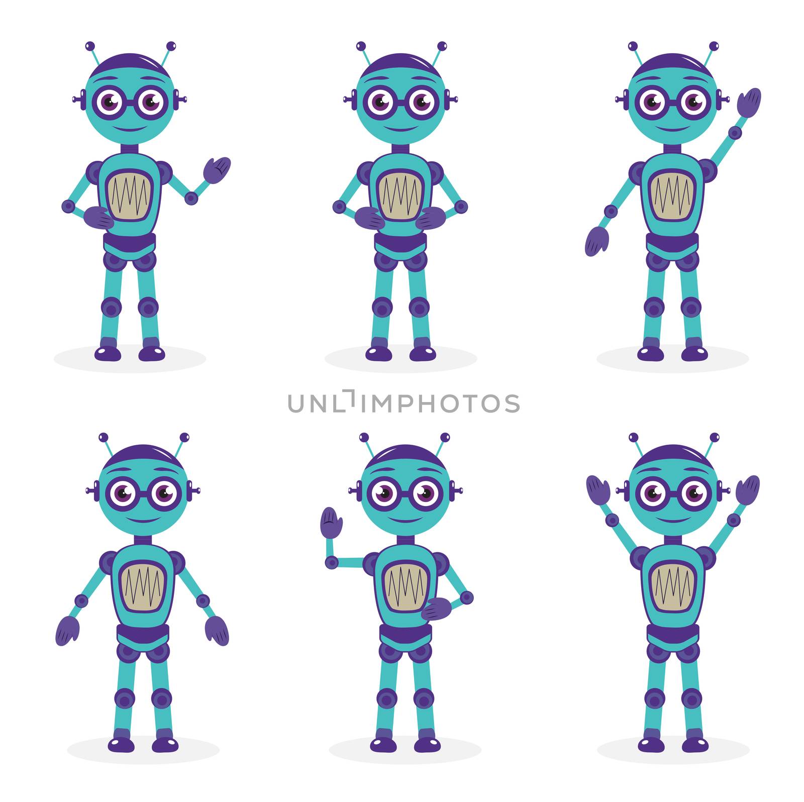 Cartoon mascot robot, robot character. Robot in different poses. Robot mascot logo. illustration