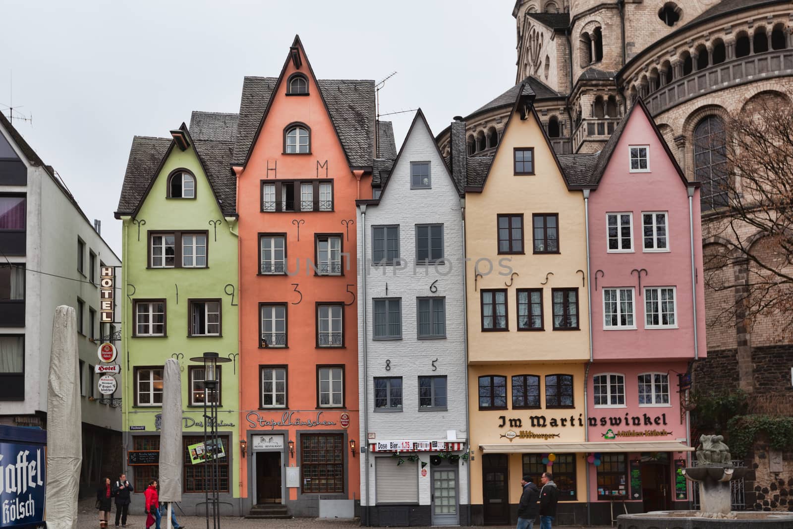 Cologne, Germany - 1 March 2019: Fish market quaint square and cafes near the Rhine