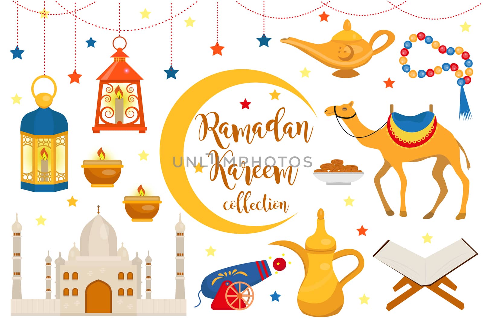 Ramadan kareem flat icon set, cartoon style. Collection of arabic design elements with camel, quran, lanterns, rosary, food, mosque. illustration. by lucia_fox