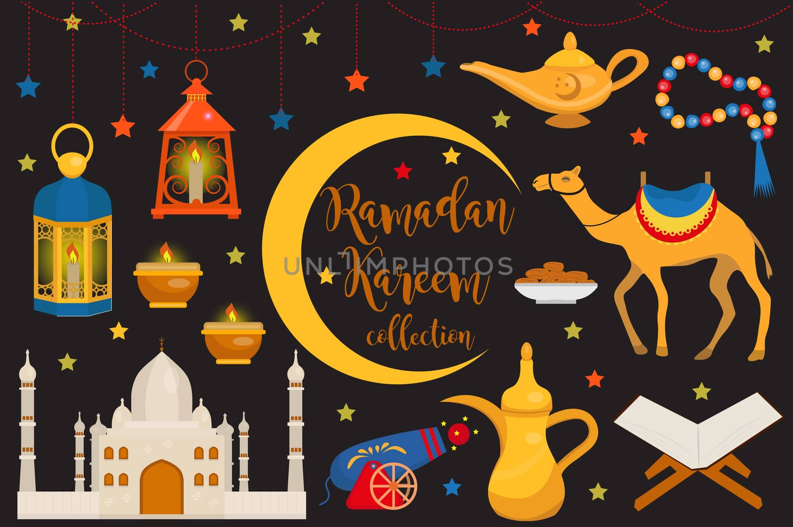 Ramadan kareem flat icon set, cartoon style. Collection of arabic design elements with camel, quran, lanterns, rosary, food, mosque. illustration