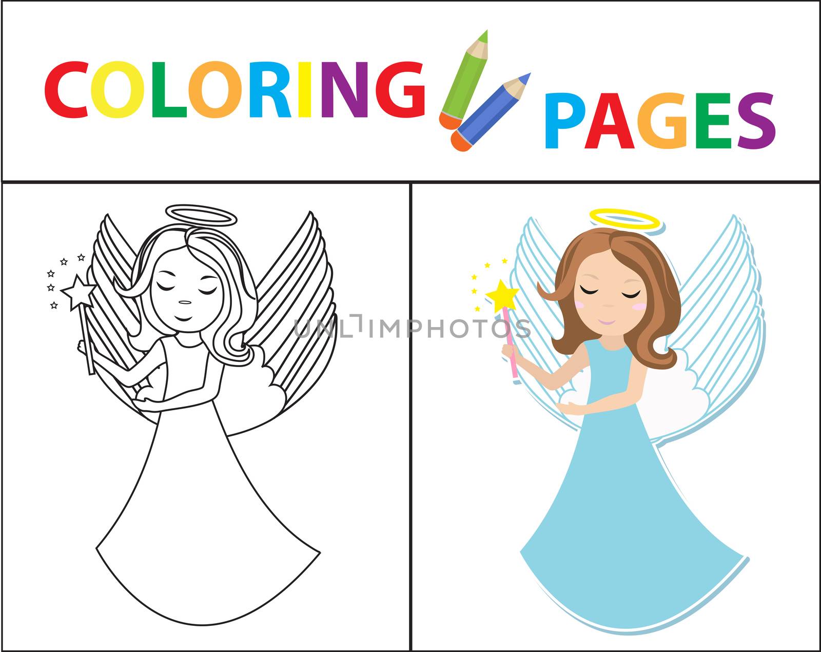 Coloring book page for kids. Angel little girl. Sketch outline and color version. Childrens education. illustration