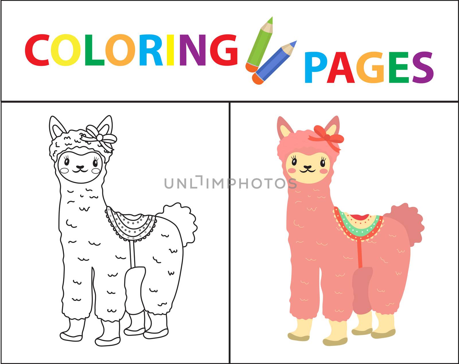 Coloring book page for kids. Cute Lama. Sketch outline and color version. Childrens education. illustration. by lucia_fox