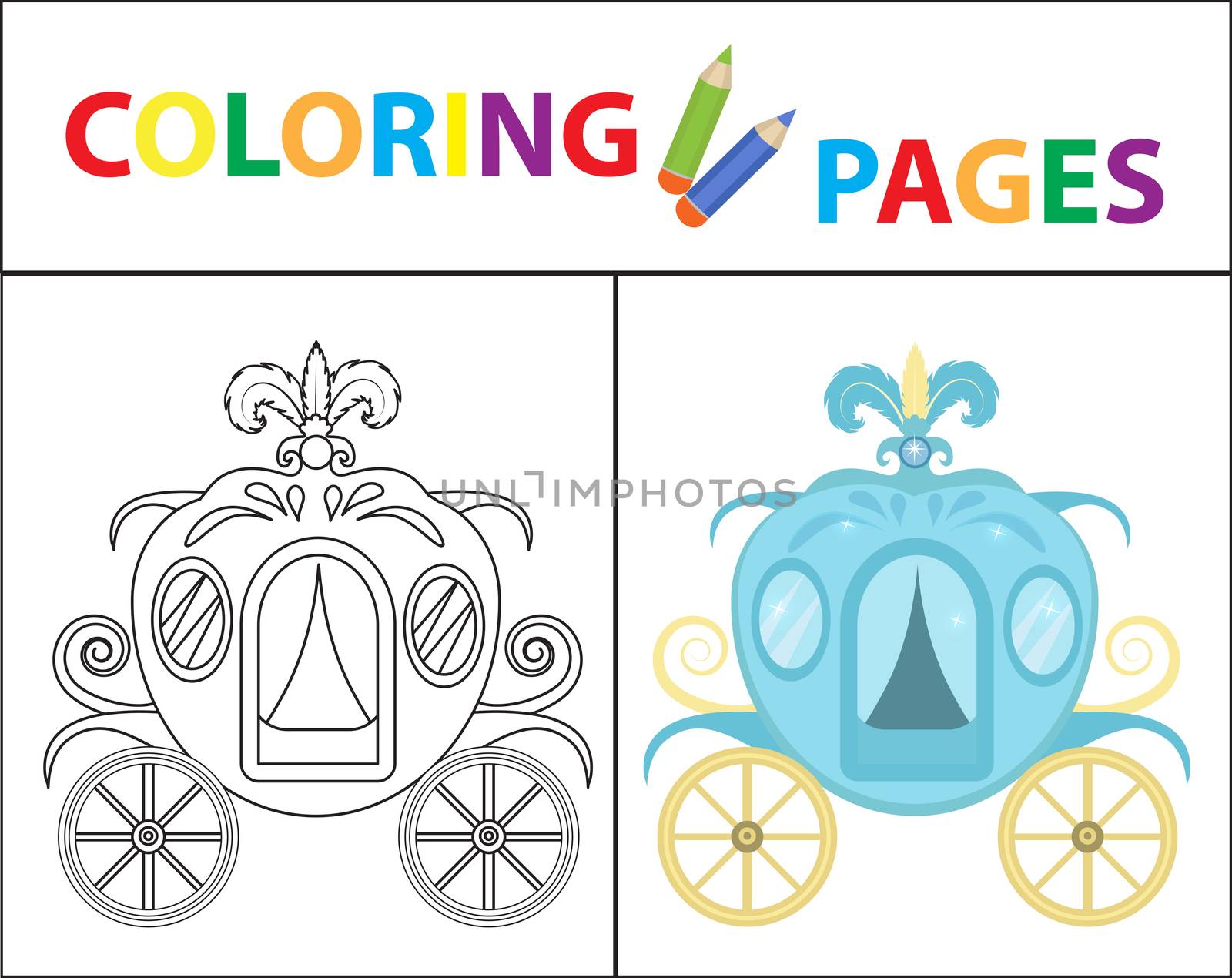 Coloring book page for kids. Cinderella carriage. Sketch outline and color version. Childrens education. illustration