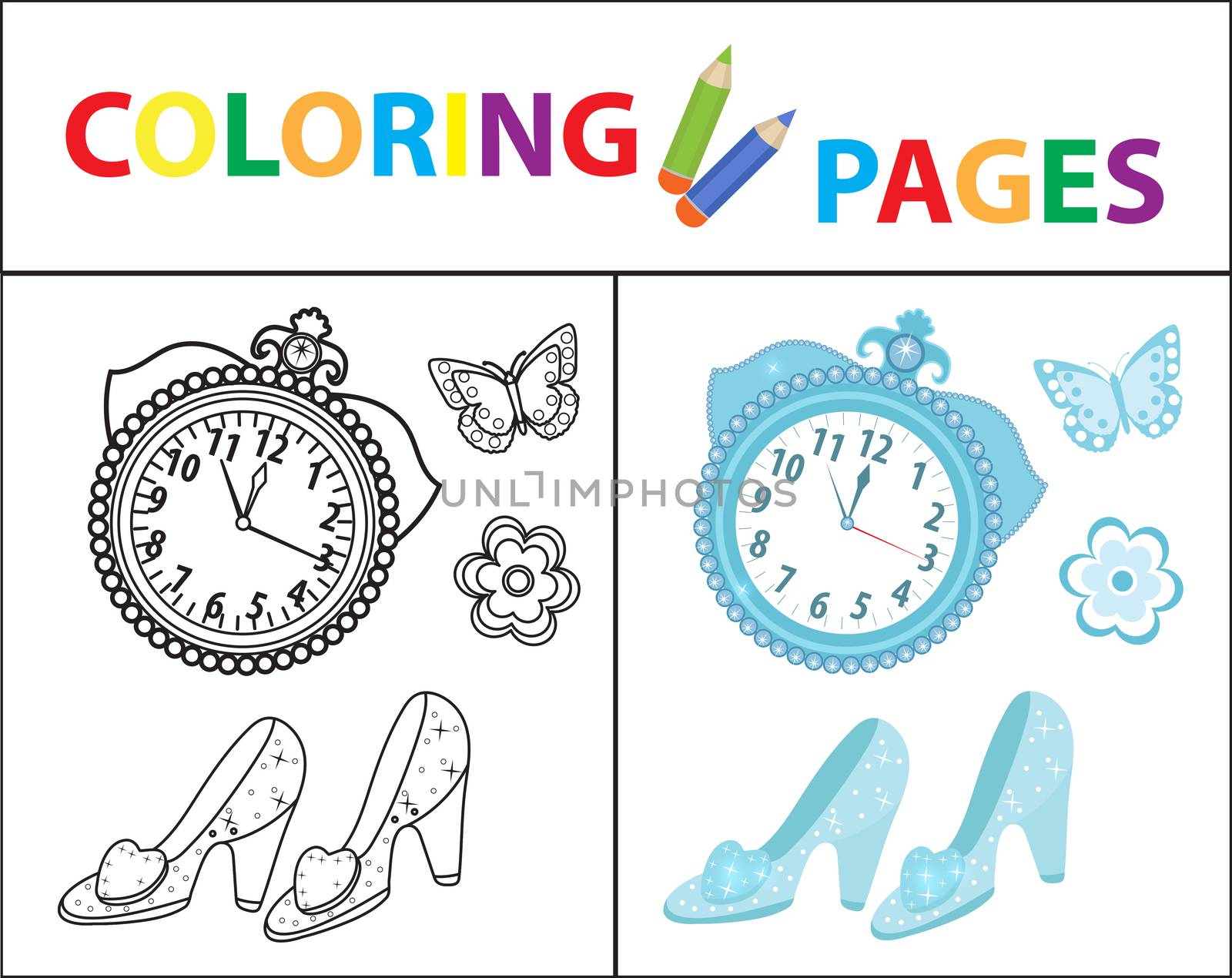 Coloring book page for kids. Cinderella set. Sketch outline and color version. Childrens education. illustration