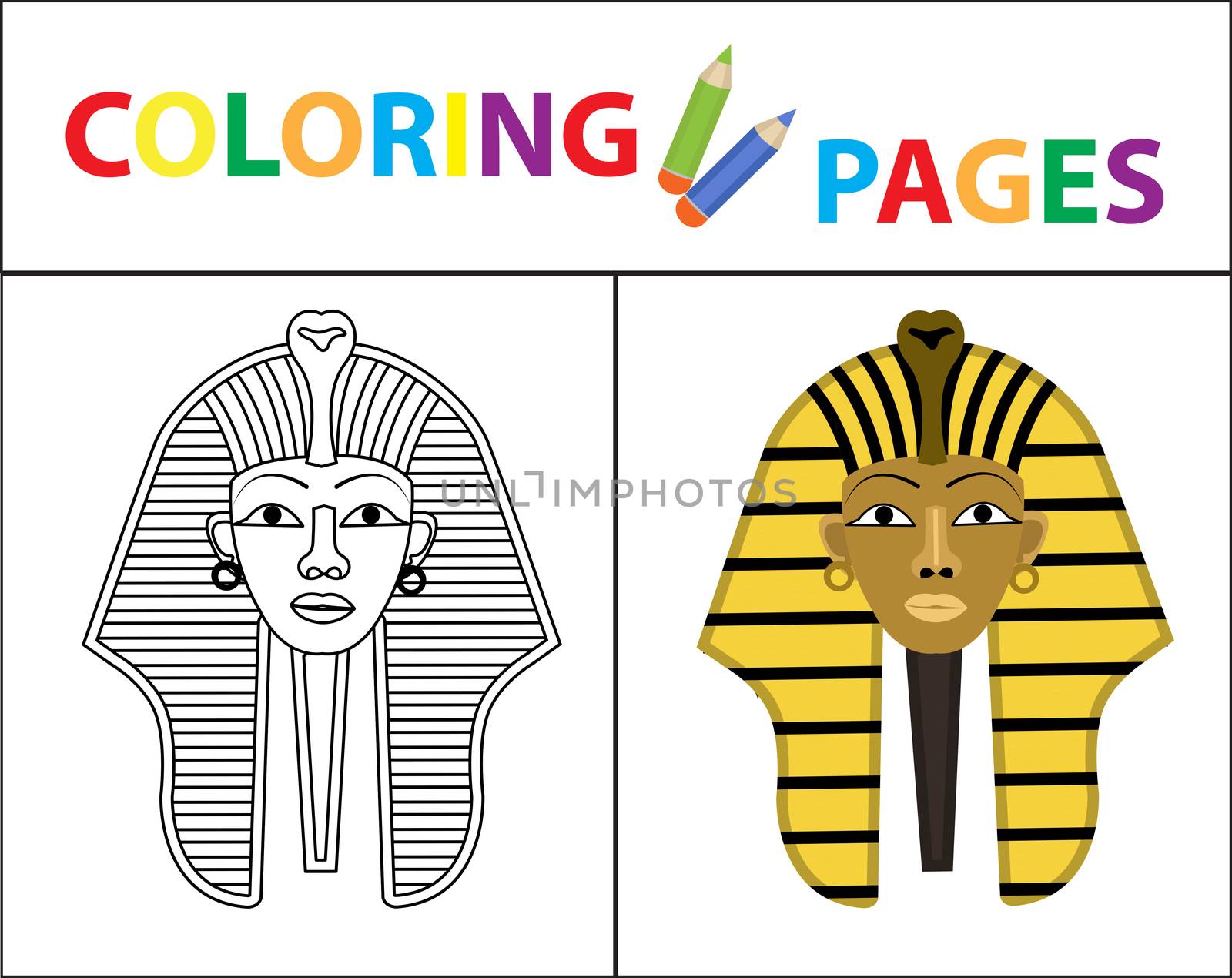 Coloring book page. Pharaoh. Sketch outline and color version. Coloring for kids. Childrens education. illustration. by lucia_fox