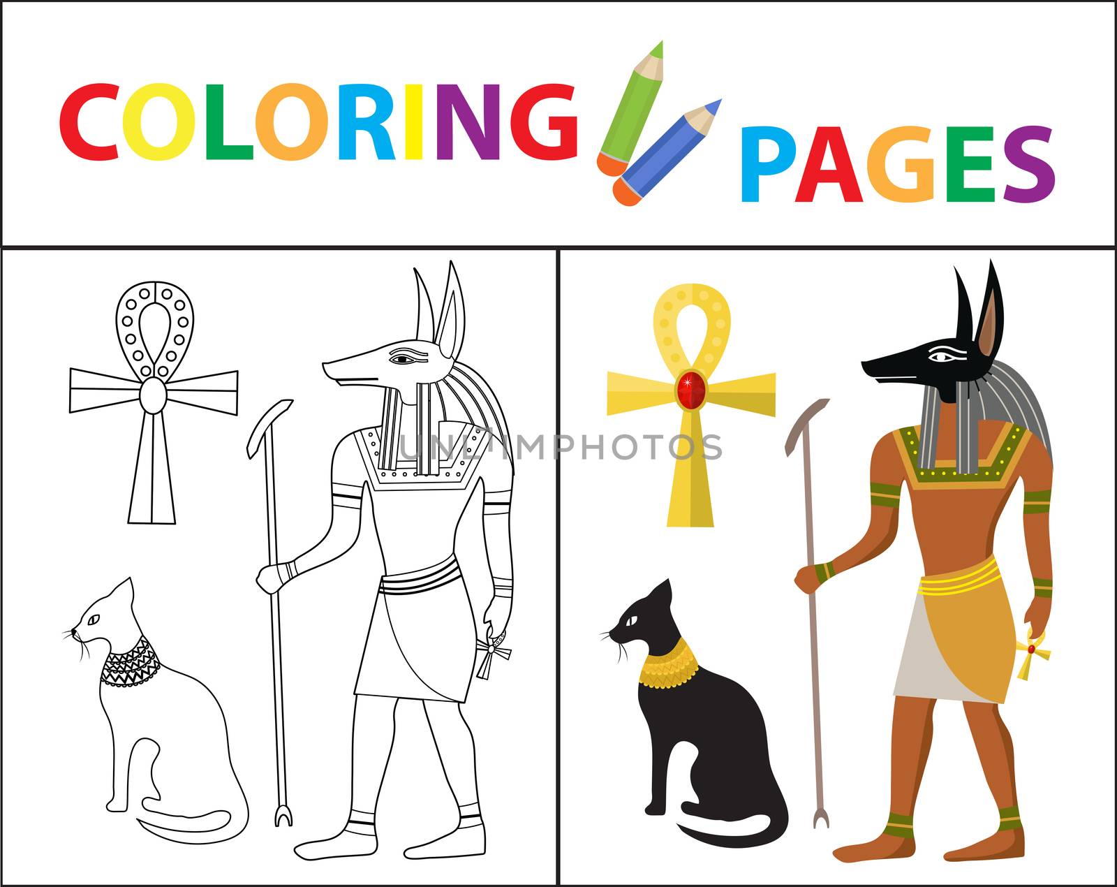 Coloring book page. Egyptian set. Sketch outline and color version. Coloring for kids. Childrens education. illustration
