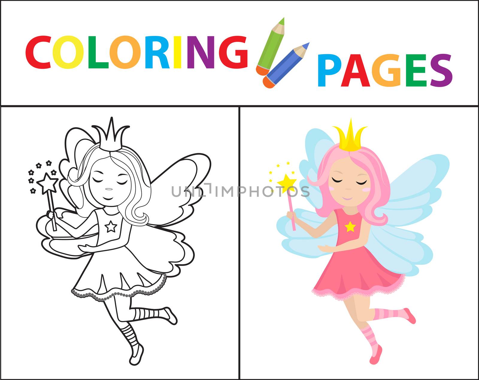 Coloring book page. Little fairy Sketch outline and color version. Coloring for kids. Childrens education. illustration