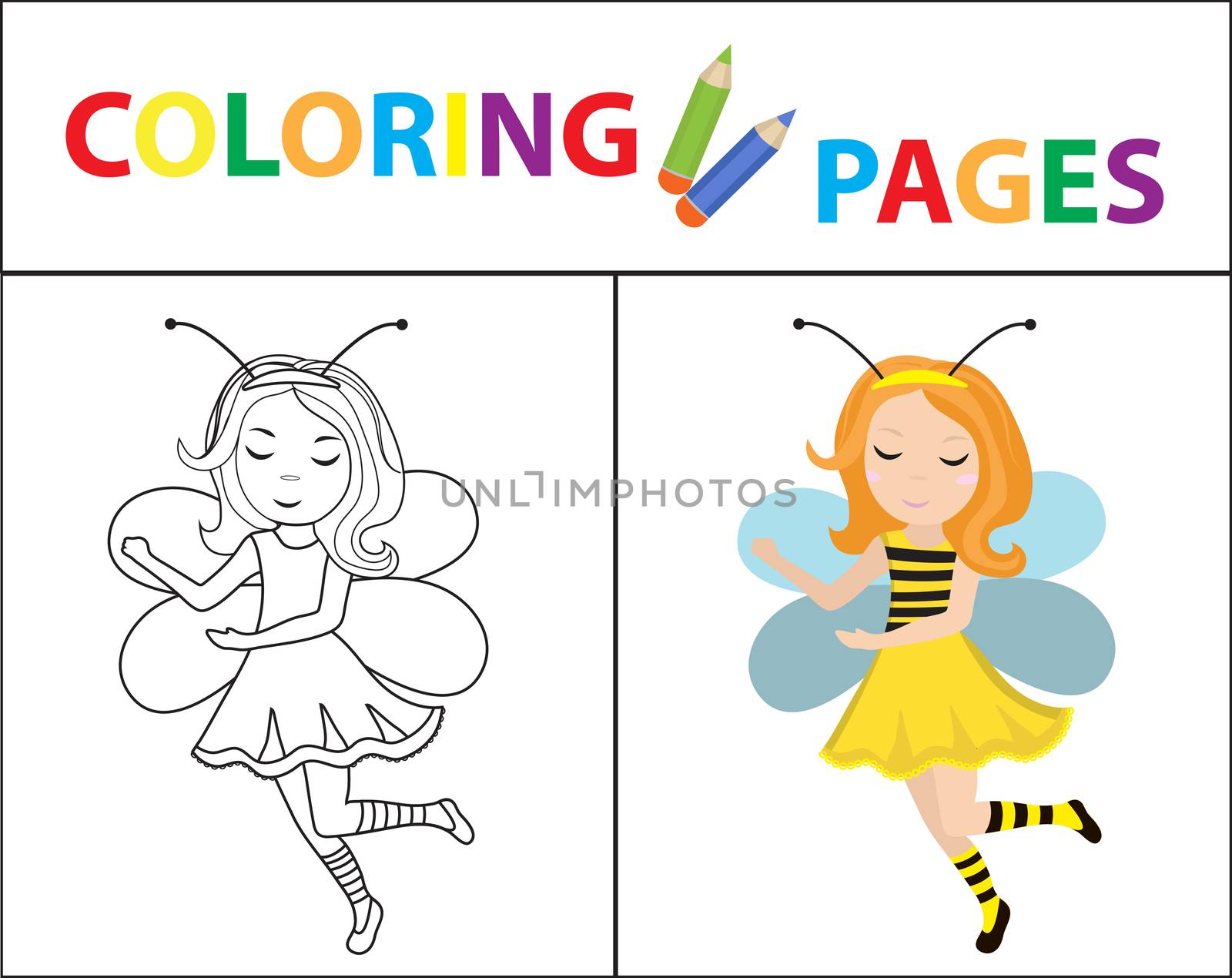 Coloring book page for kids. Girl bee carnival costume. Sketch outline and color version. Childrens education. illustration