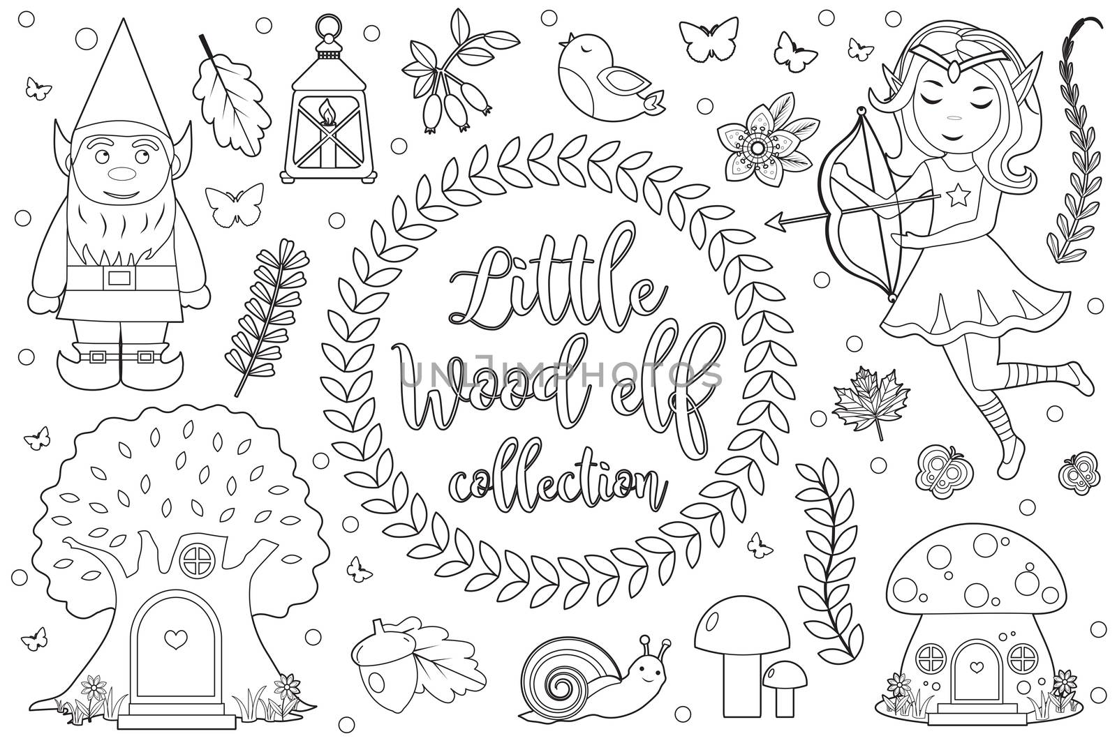 Cute forest elf character set Coloring book page for kids. Collection of design element sketch outline style. Kids baby clip art funny smiling kit. illustration. by lucia_fox