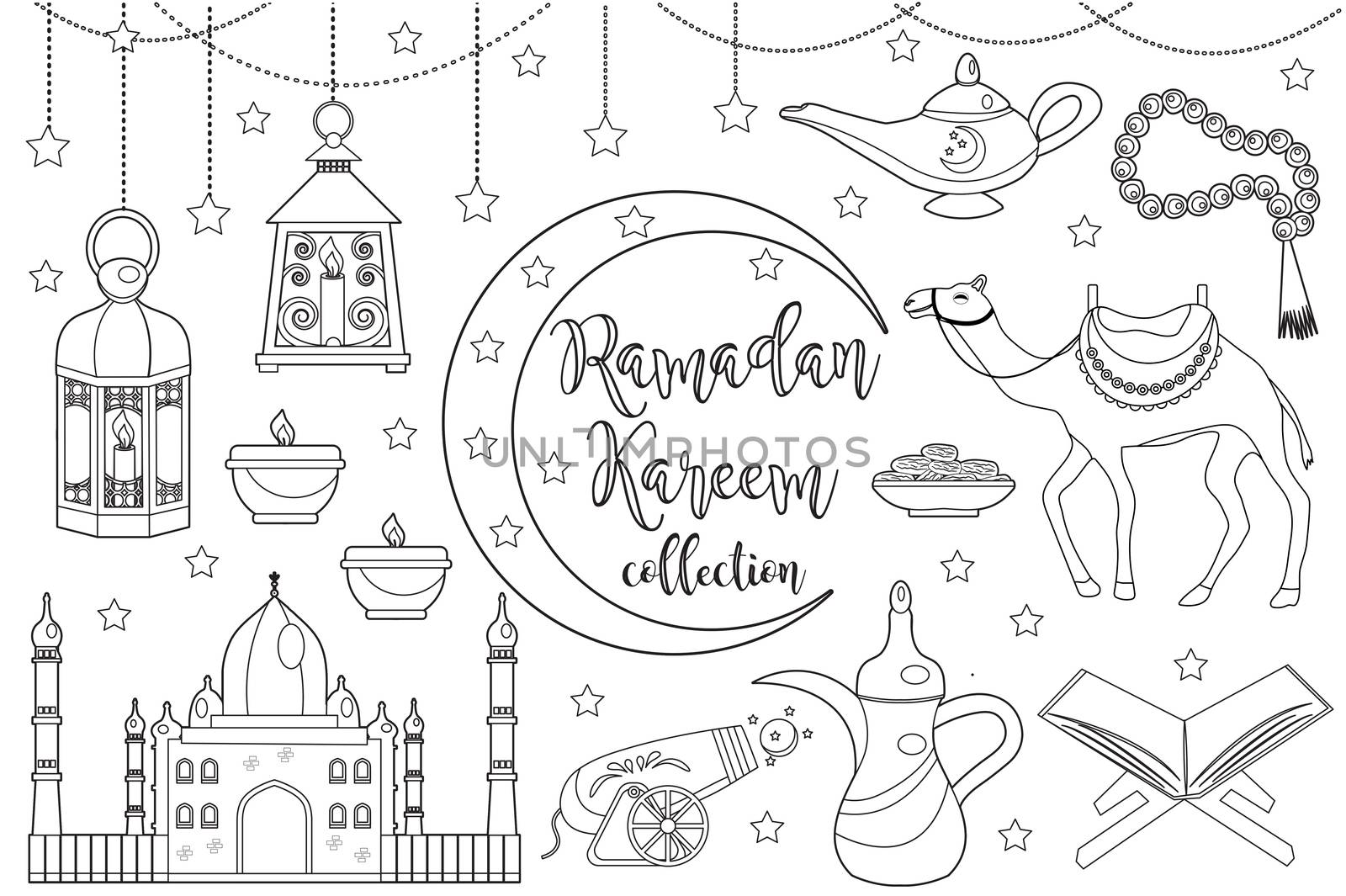 Ramadan kareem icon set sketch outline doodle style. Coloring book page for kids. Collection of arabic design elements with camel, quran, lanterns, rosary, food, mosque. illustration. by lucia_fox