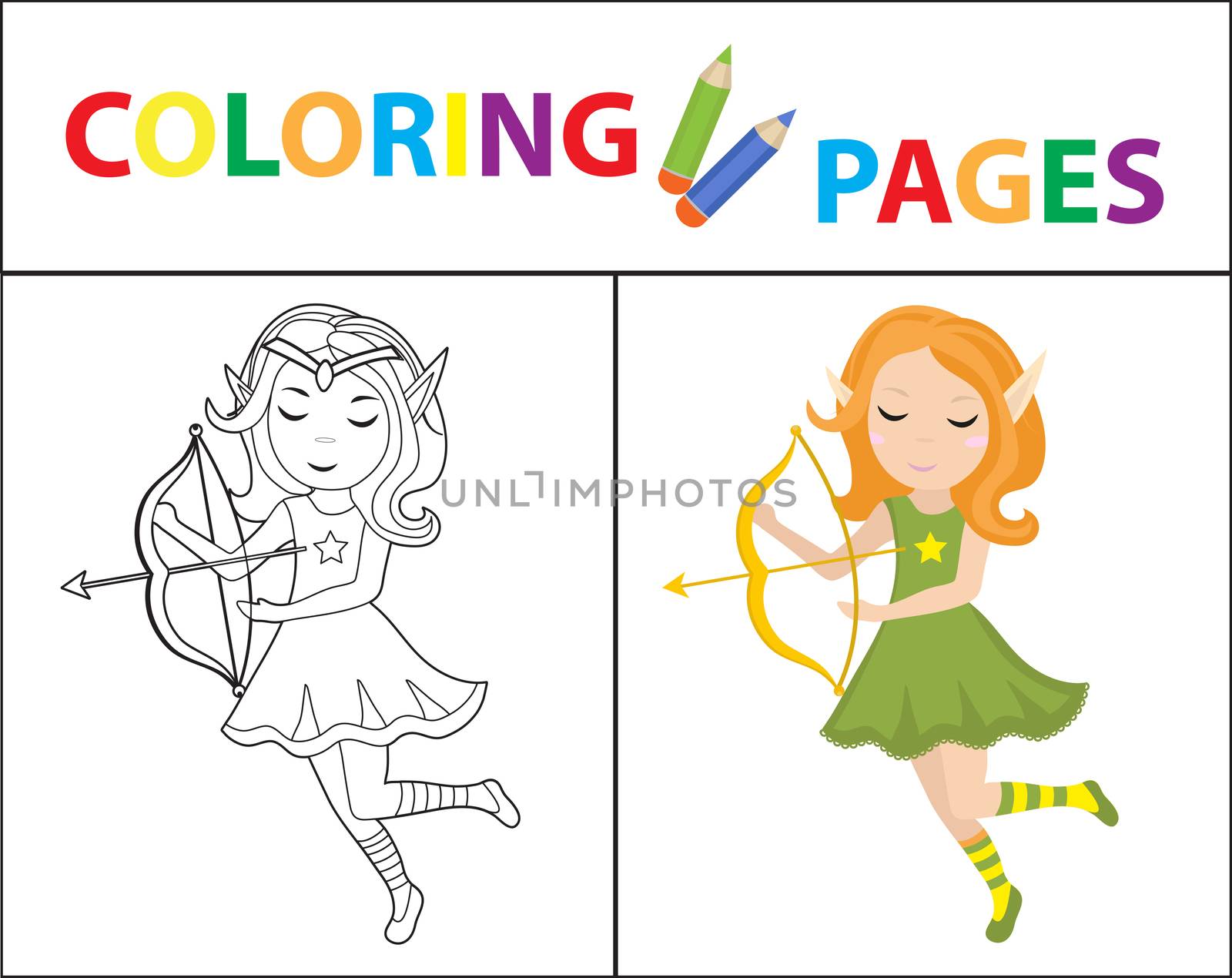 Coloring book page for kids. Forest elf with a bow. Sketch outline and color version. Childrens education. illustration. by lucia_fox