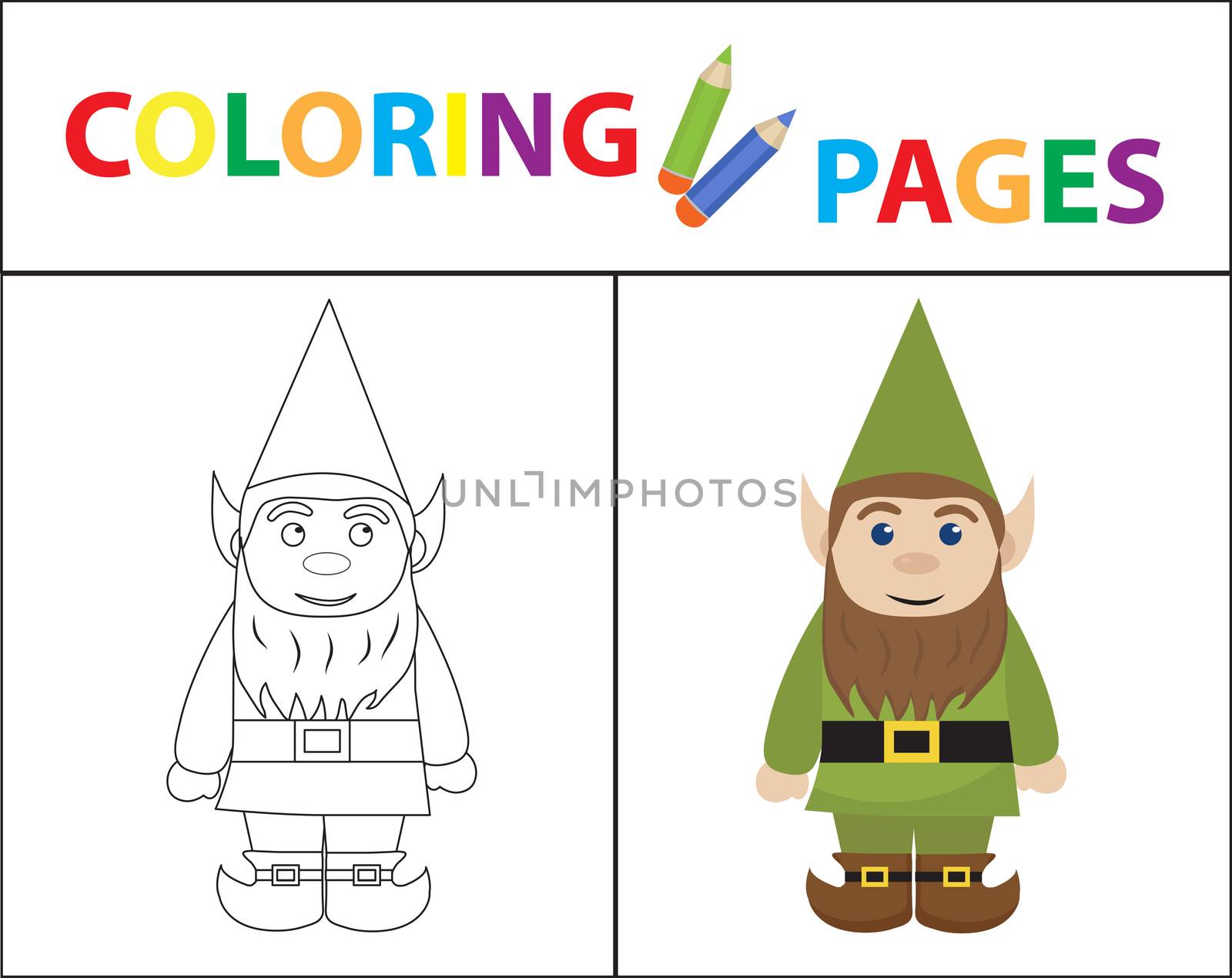 Coloring book page for kids. Forest gnome. Sketch outline and color version. Childrens education. illustration