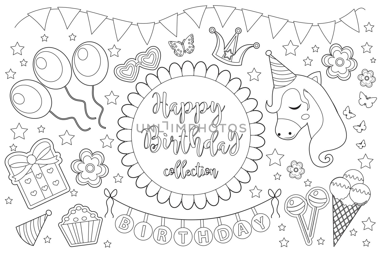 Happy birthday cute coloring book page for kids. Party collection of design elements with balloons, gerland, sweets. Candy and cake. illustration. by lucia_fox