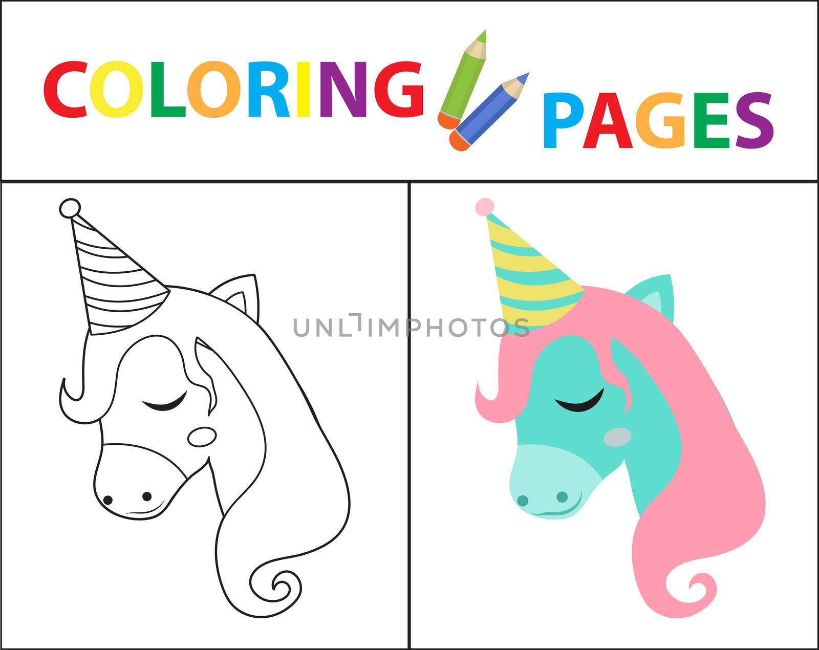 Coloring book page for kids. Birthday unicorn. Sketch outline and color version. Childrens education. illustration