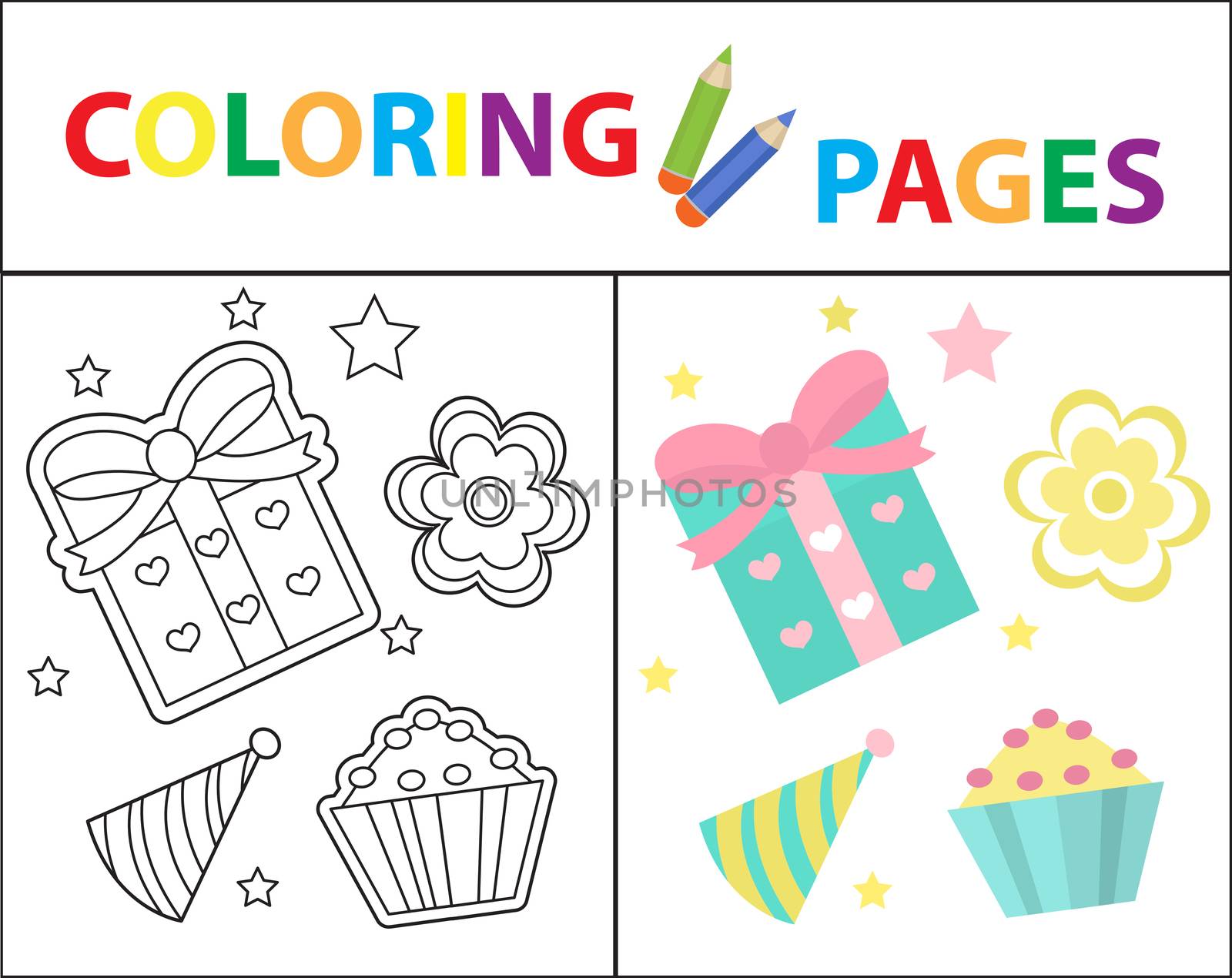 Coloring book page for kids. Birthday gift and cake set. Sketch outline and color version. Childrens education. illustration