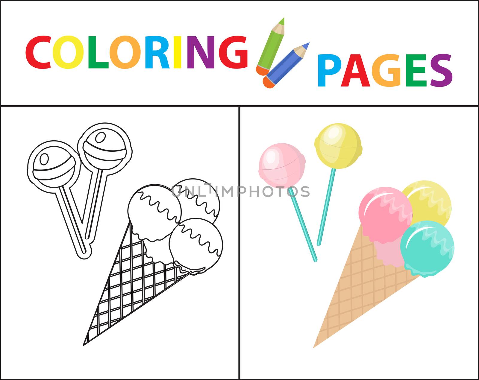 Coloring book page for kids. Ice cream and candy on a stick. Sketch outline and color version. Childrens education. illustration. by lucia_fox