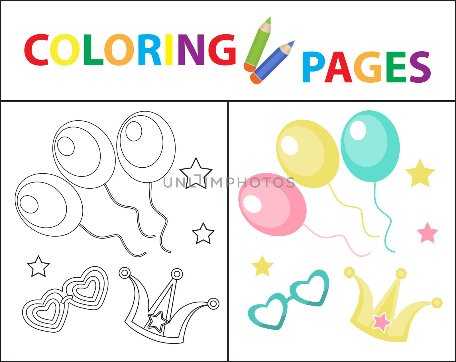 Coloring book page for kids. Birthday balloons, carnival set. Sketch outline and color version. Childrens education. illustration. by lucia_fox