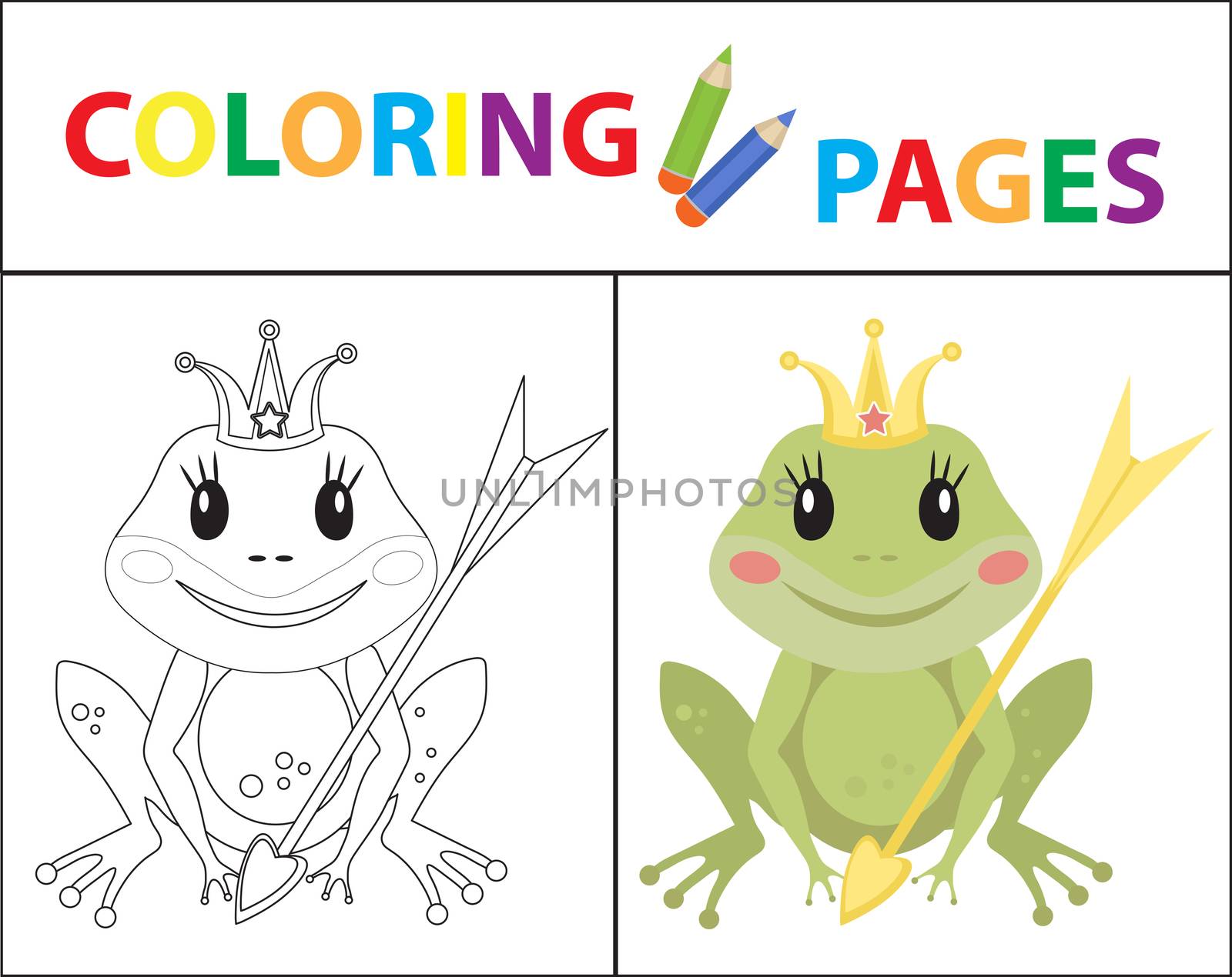 Coloring book page for kids. Frog princess Sketch outline and color version. Childrens education. illustration