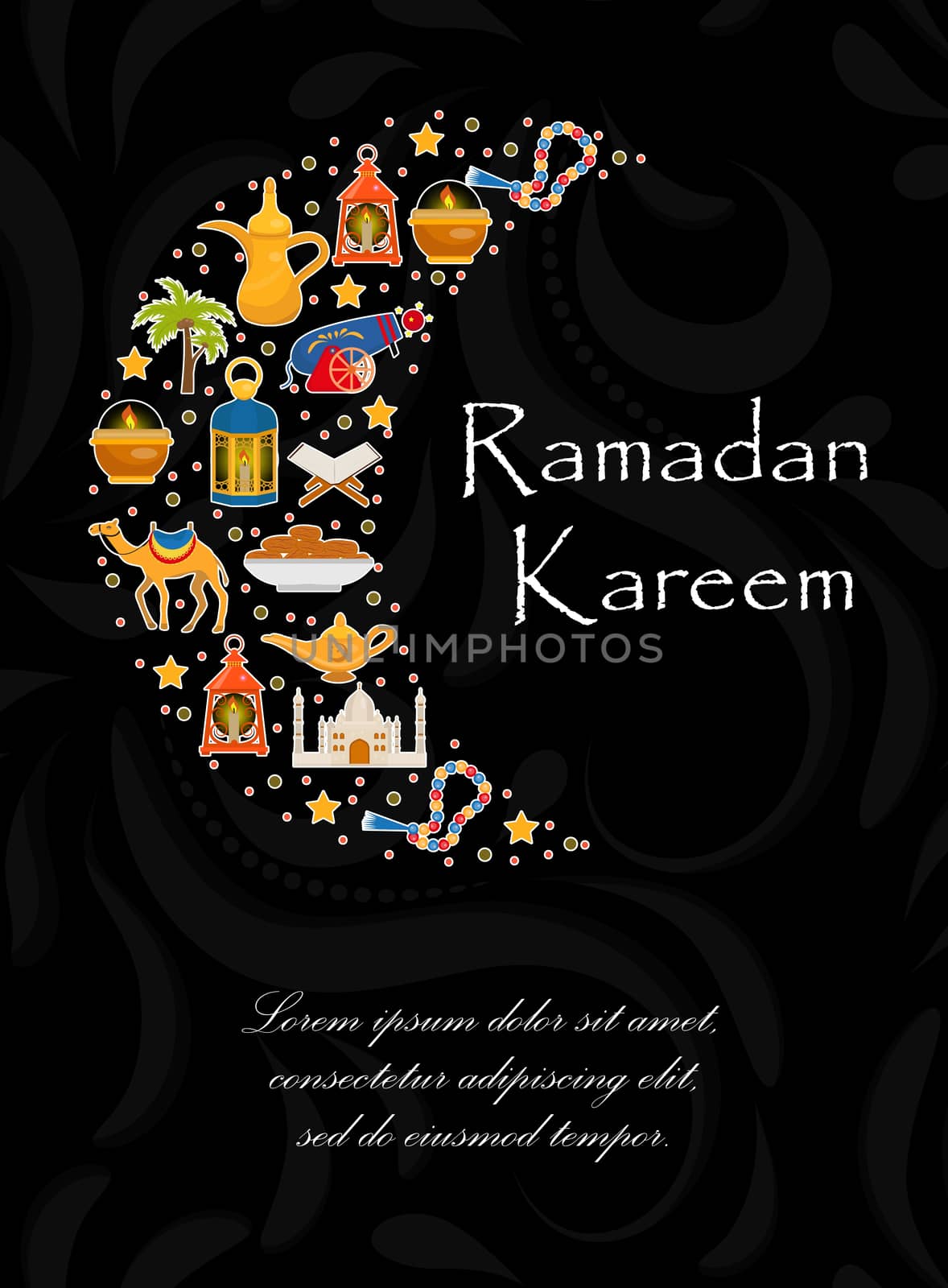 Ramadan kareem greeting card with arabic design elements camel, quran, lanterns, rosary, food, mosque. illustration