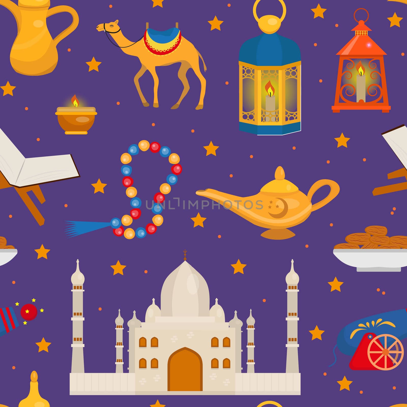 Ramadan kareem seamless pattern with arabic design elements camel, quran, lanterns, rosary, food, mosque. illustration. by lucia_fox