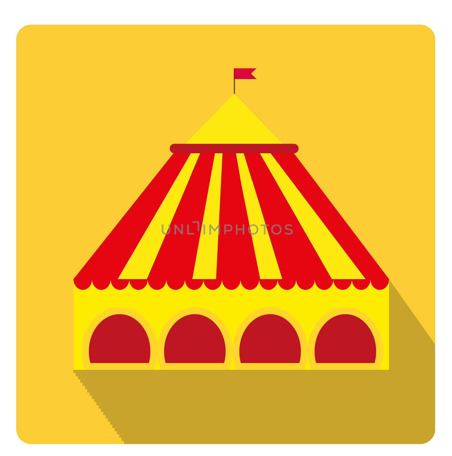 Circus pavilion, yellow tent icon flat style with long shadows, isolated on white background. illustration