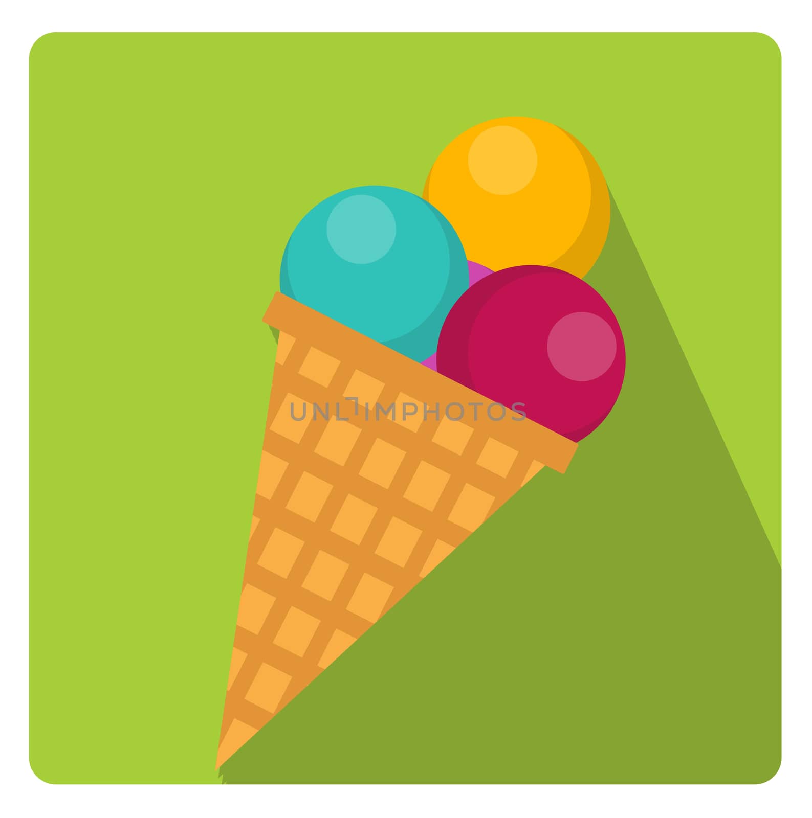 Ice cream cone icon flat style with long shadows, isolated on white background. illustration
