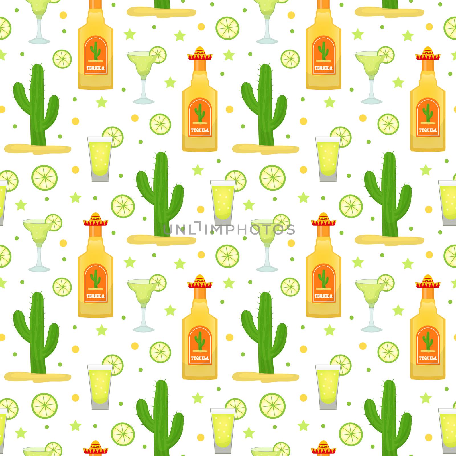 Cinco de Mayo seamless pattern with tequila and cactus. Mexican holiday endless background, texture. illustration